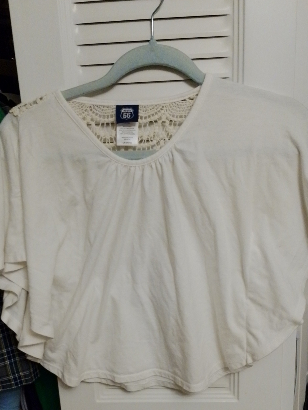 Route 66 White Crochet Back Short Sleeve Blouse